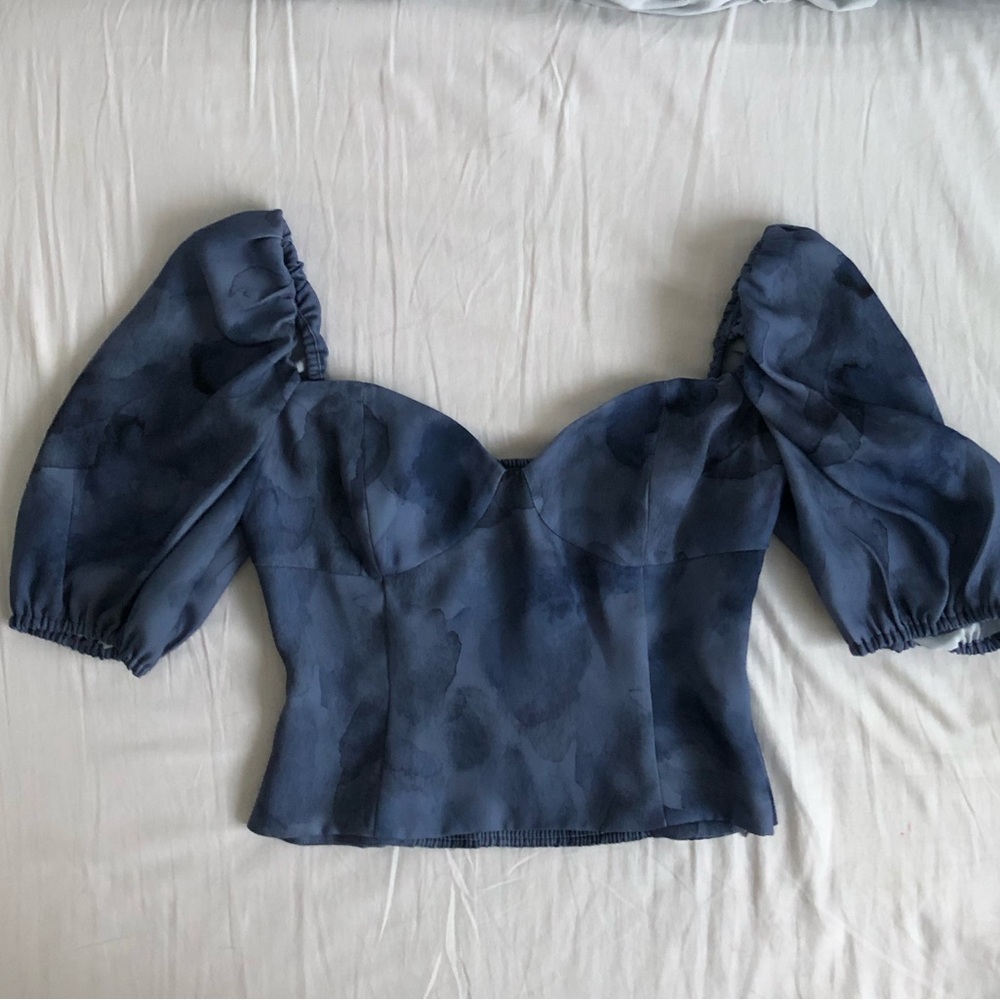 Wilfred Navy Puff-Sleeve Sweetheart Crop Top